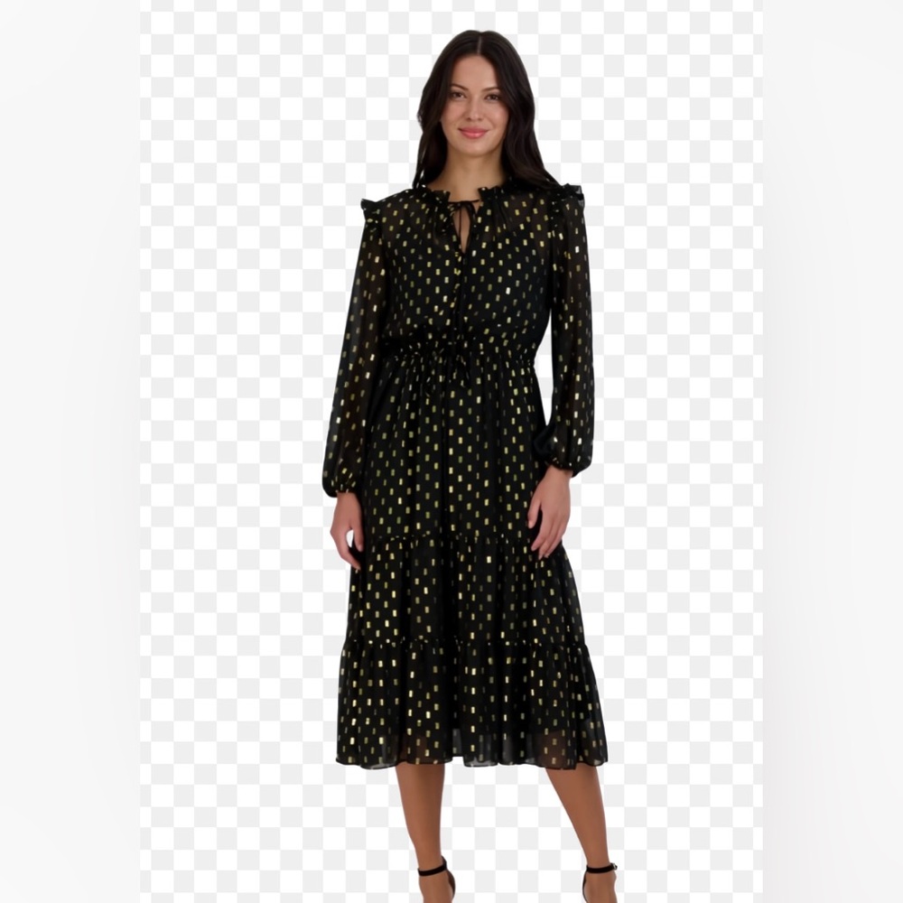 Julia Jordan Long Sleeve Ruffle Drawstring Black and Gold Polka Dot Midi Dress